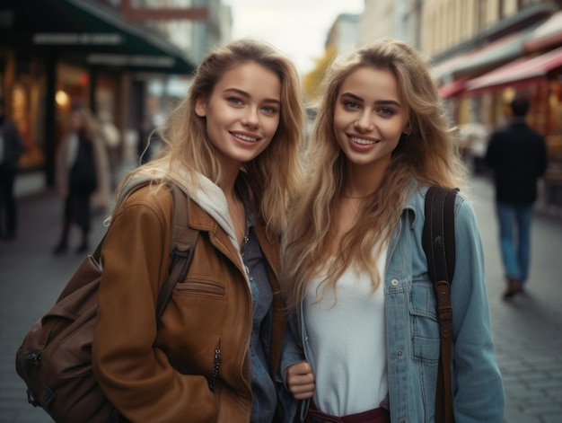 Two young women with backpacks and cameras on a city street