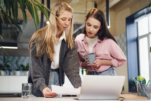 Two young women working together in office