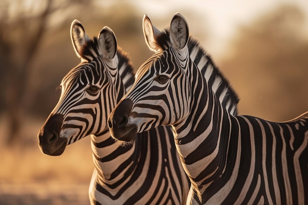 Two zebras stand side by side in the sunset.