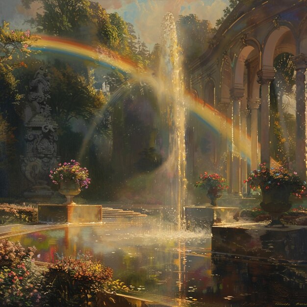 A twofold rainbow bending over a quiet fountain its tones enthusiastic and clear