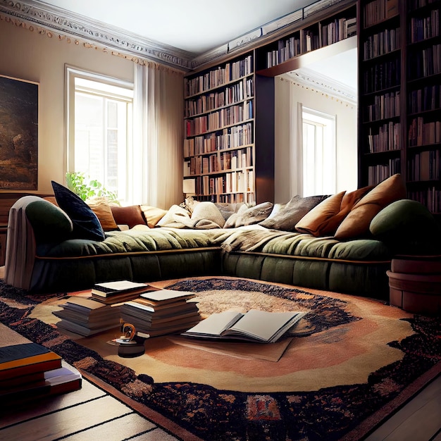 Twosided long sofa on cozy beige carpet and coffee table with books