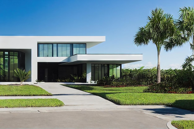 Twostorey residence with modern house exterior with garage and driveway