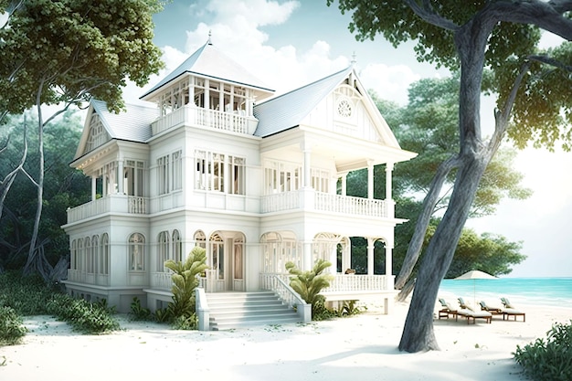 Twostorey white beachfront villa with large veranda among seaside trees generative ai