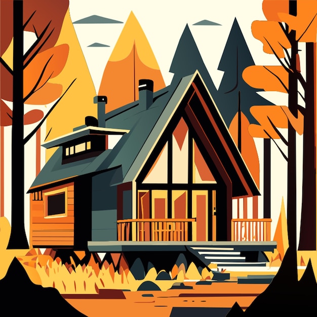 twostorey wooden house in autumn vector illustration flat 2