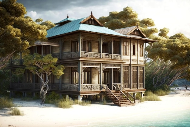 Twostory beachfront villa with long wooden veranda against background of sea generative ai