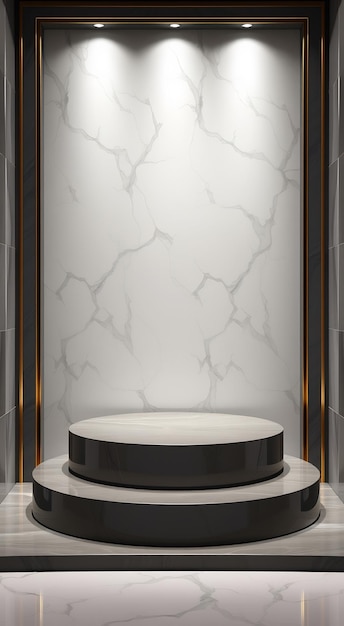 Twotier podium with marble backdrop and gold trim