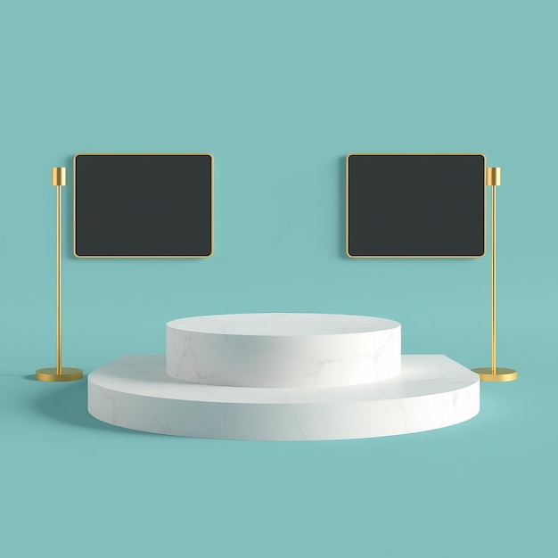 Photo twotier white marble podium on a teal background with two gold framed blackboards