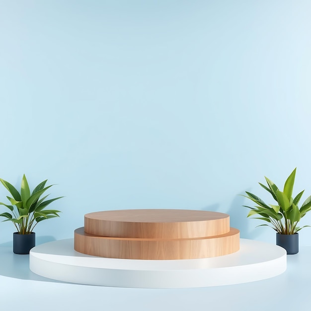 Twotier wooden podium on white platform with plants on blue background