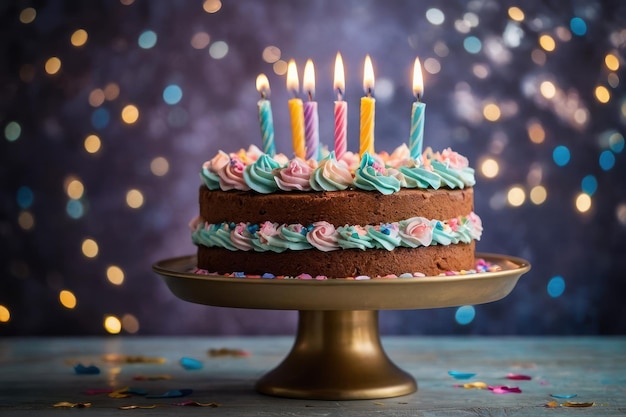 Twotiered birthday cake with lit candles