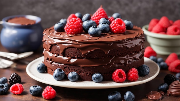 A twotiered chocolate cake with chocolate frosting and topped with fresh raspberries and blueberrie