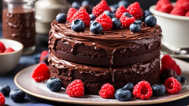 A twotiered chocolate cake with chocolate frosting and topped with fresh raspberries and blueberrie