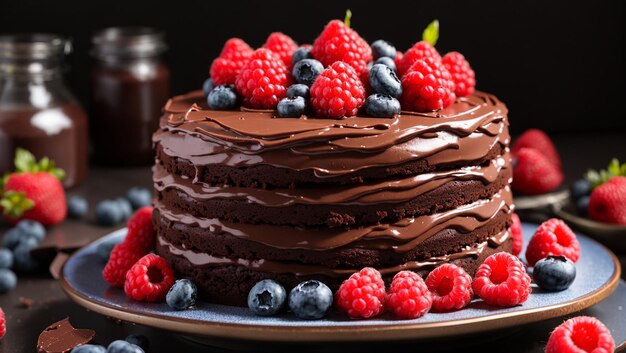 A twotiered chocolate cake with chocolate frosting and topped with fresh raspberries and blueberrie