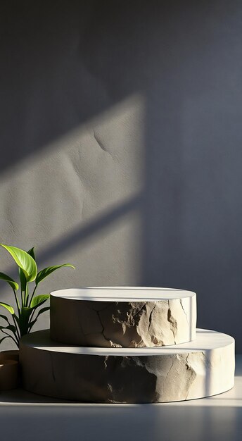 Twotiered stone podium with plant against a grey background