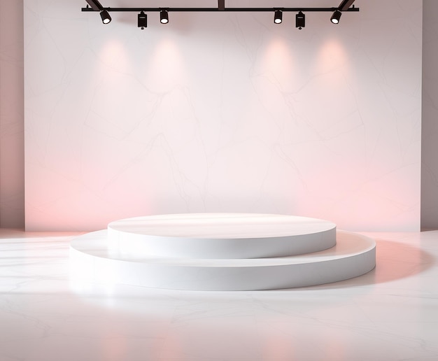 Twotiered white pedestal in a minimalist room with spotlights