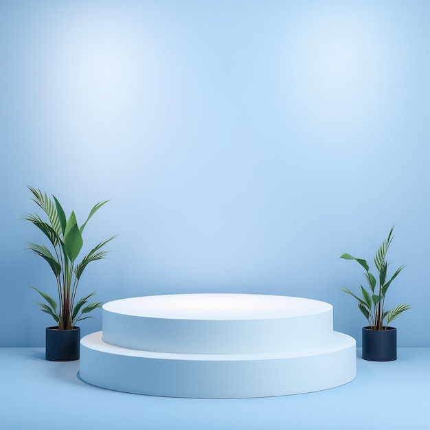 TwoTiered White Platform with Green Plants on Light Blue Background