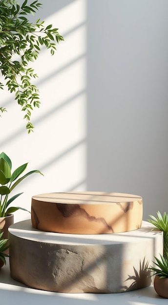 Twotiered wooden podium in a minimalist setting with plant shadows