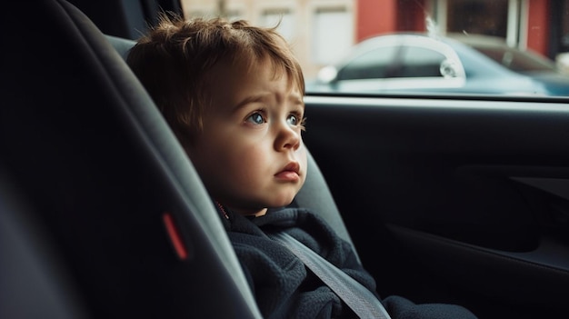 A twoyearold boy in a car safety seat looks out the window thanks to Generative AI