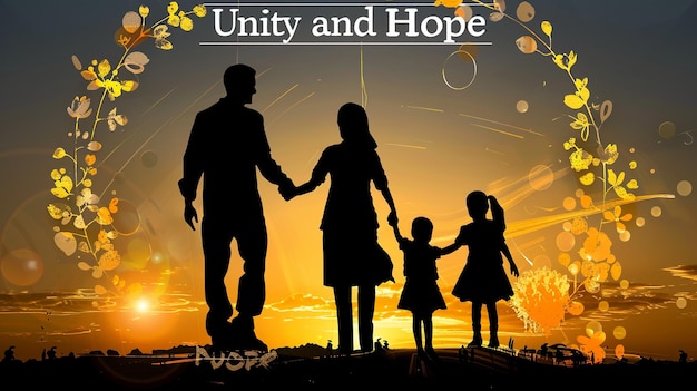 Typescript design with Unity and Hope on a family silhouette promoting togetherness