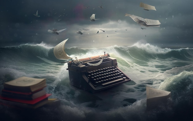 A typewriter floating in the ocean with a stack of papers floating above it.