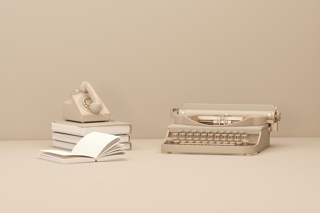 Typewriter machine with notebook on beige backgroundRoom accessory in monochrome cream background