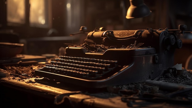 A typewriter sits on a table in an abandoned room with the light shining through it