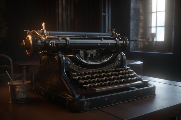 A typewriter sits on a table in a dark room.