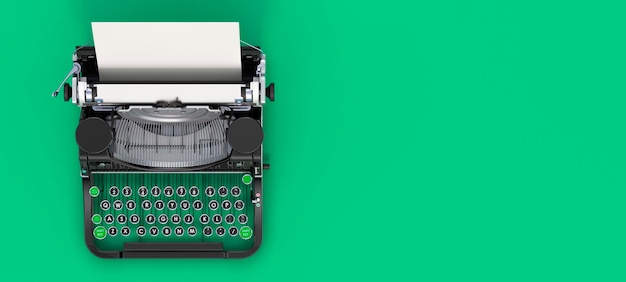 Typewriter top view on green background 3D rendering