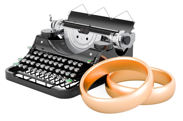 Typewriter with wedding rings 3D rendering