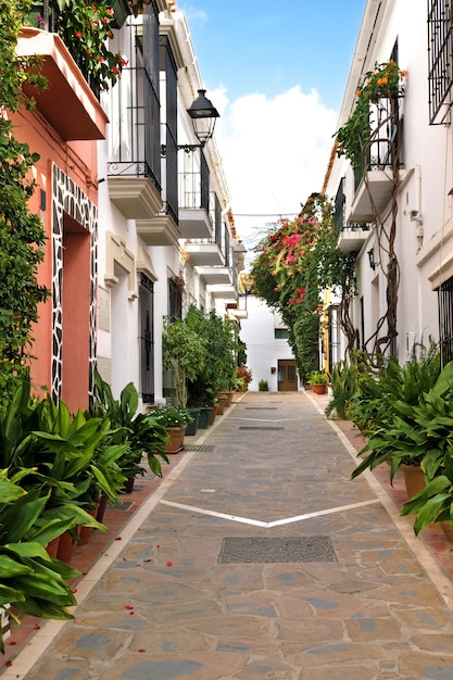 Typical Andalusia Spain whitewashed houses in old town of Marbella