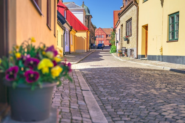 Typical architectural street scene from the small Swedish city Ystad in south Sweden.