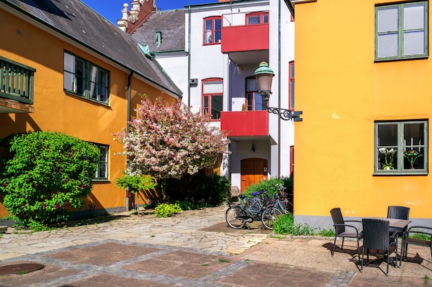 Typical architectural street scene from the small Swedish city Ystad in south Sweden.