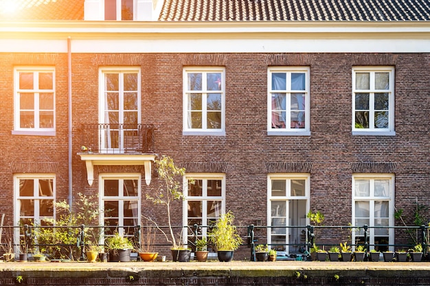 Typical canal houses with the famous Amsterdam posts along the sidewalk