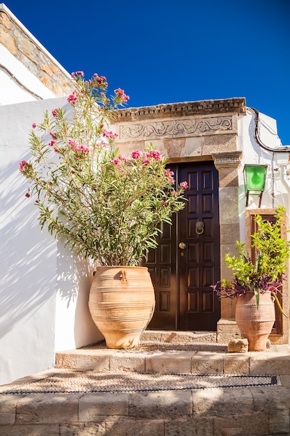 Typical entrance to the residential house in Lindos, Rhodes, Greece