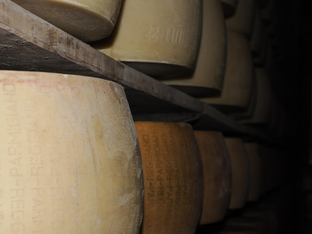 Typical italian cheese Parmigiano Reggiano (parmesan) factory