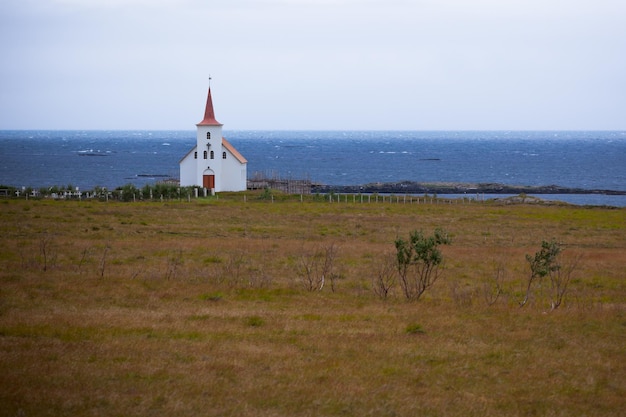 Typical Rural Icelandic church at overcast day