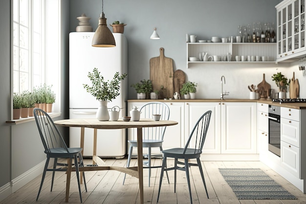 A typical Scandinavian kitchen with a dining table and chairs and stylish interior architecture is topped with a wooden tabletop or shelf and contemporary minimalist vases