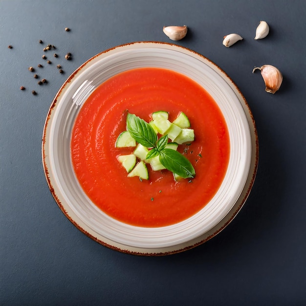 Typical Spanish Gazpacho a bowl of tomato soup with a few pieces of pineapple on top