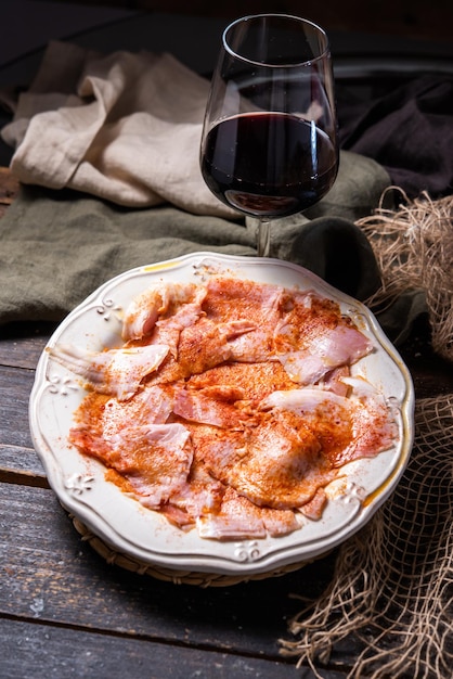 Typical Spanish tapa Galician cut pork with potatoes paprika and olive oil Appetizer lunch or dinner