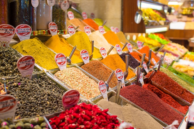 Typical spices on sale in turkish markets at Istanbul