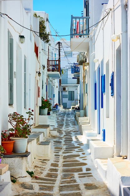 Typical street in Chora town in Mykonos island. Greece,  Greek architecture, cityscape