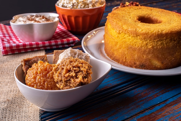 Typical sweets from June party. Cornmeal cake, popcorn, hominy, pumpkin jam, and peanuts.