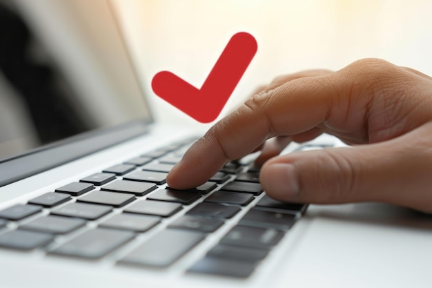 Photo typing on laptop with red check mark