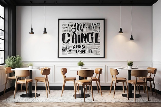 Typography artwork in a trendy cafe mockup with blank white empty space for placing your design