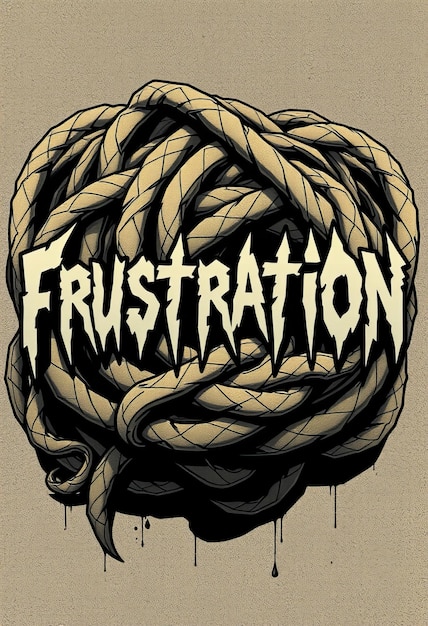 Photo typography design of frustration with jagged bold letters with a background of a tangled knot