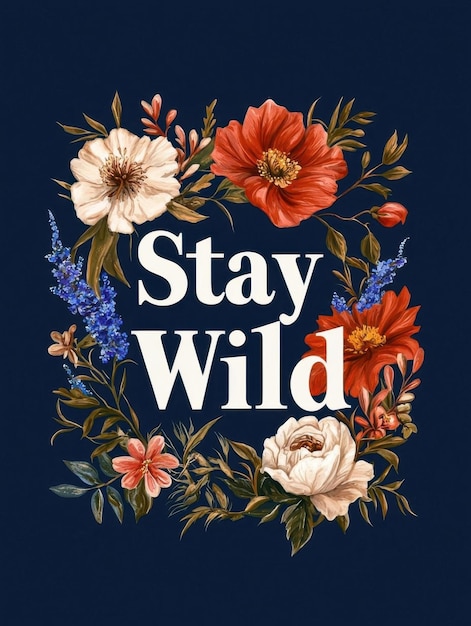 Photo a typographyfocused tshirt design featuring the phrase stay wild in script lettering with illustrated floral elements