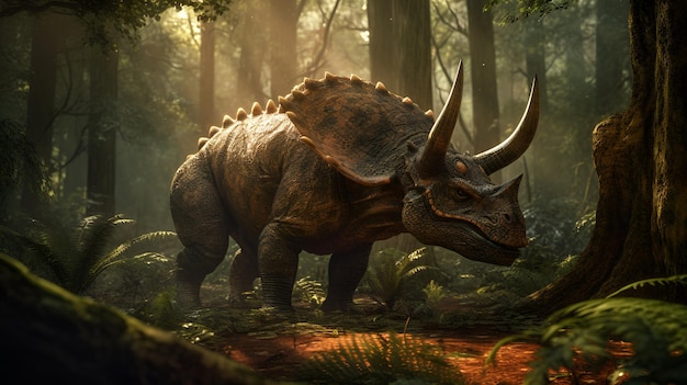 Tyrannosaurus Rex Velociraptor Triceratops Dinosaurs images forest created using generative AI