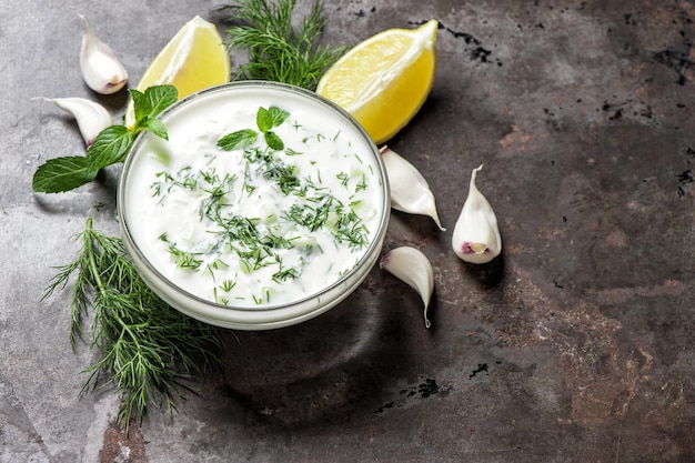 Tzatziki sauce. Fresh dip with herbs dill and mint