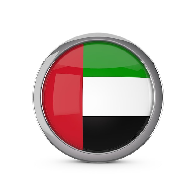 UAE national flag in a glossy circle shape with chrome frame 3D Rendering