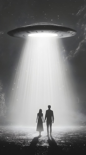 Photo ufo abducts a young couple this is a 3d render illustration