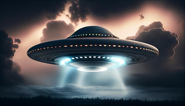 UFO an alien saucer hovering above the field in the clouds hovering motionless in the sky Unidentified flying object